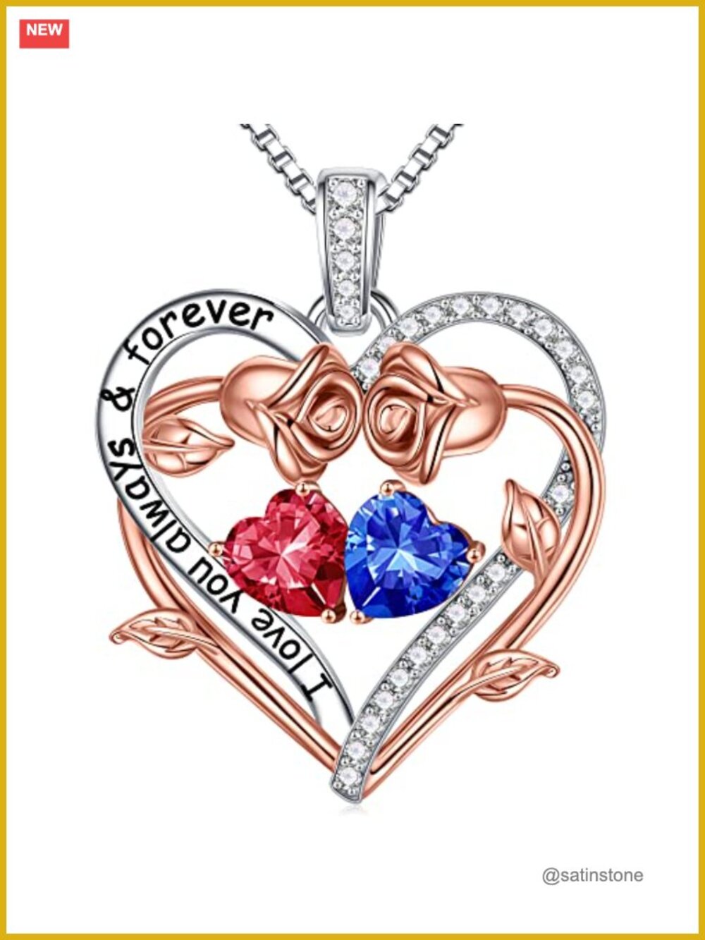 925 Sterling Silver Double Heart Birthstone Pendant Necklace